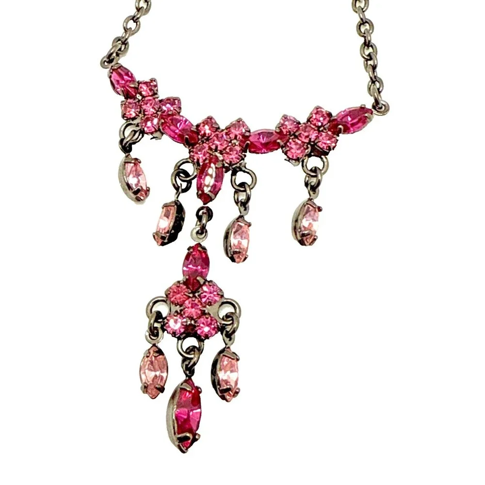New VIESTE Pink Austrian Crystal Dangle Pendant Necklace Genuine Gems 16-18